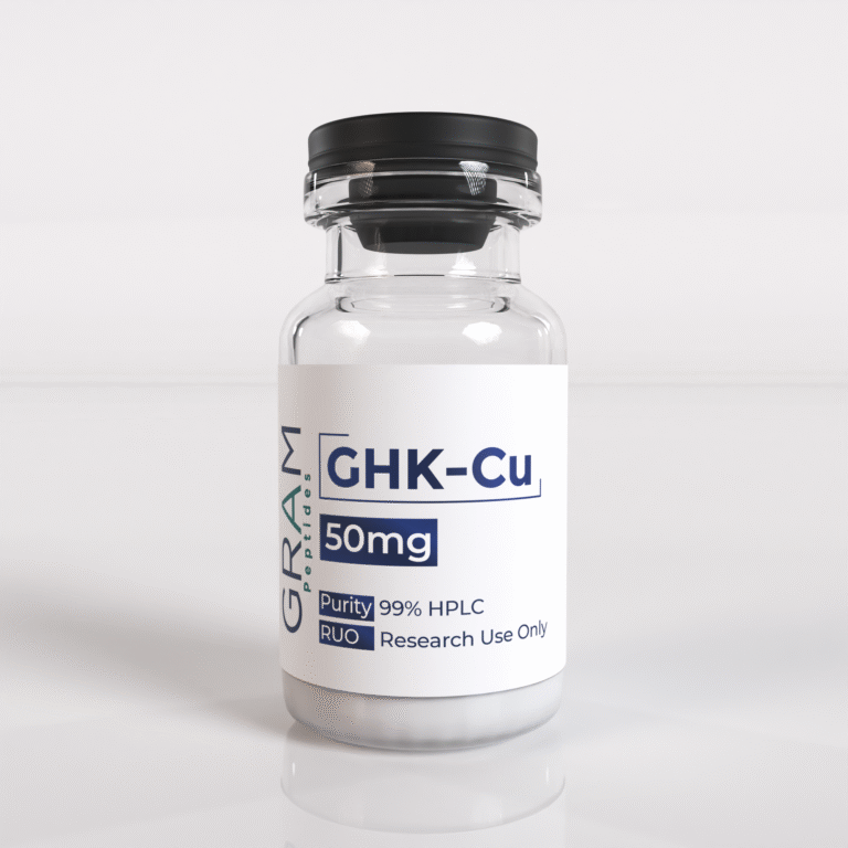 GHK-Cu peptide vial by GRAM Peptides – research peptide for collagen production, skin repair, and hair growth studies