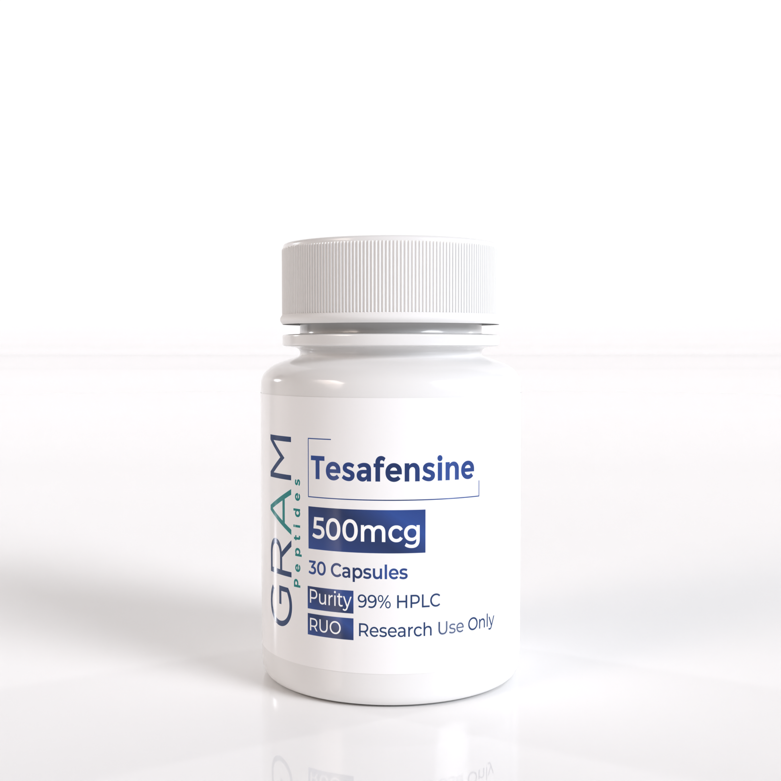 70.Tesafensine-Caps-30ct mockup Tesofensine peptide vial by GRAM Peptides – research peptide for appetite regulation, metabolism, and weight-management studies