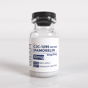 CJC-1295 No DAC 5mg + Ipamorelin 5mg peptide vial by GRAM Peptides β research peptide blend for growth hormone and recovery studies
