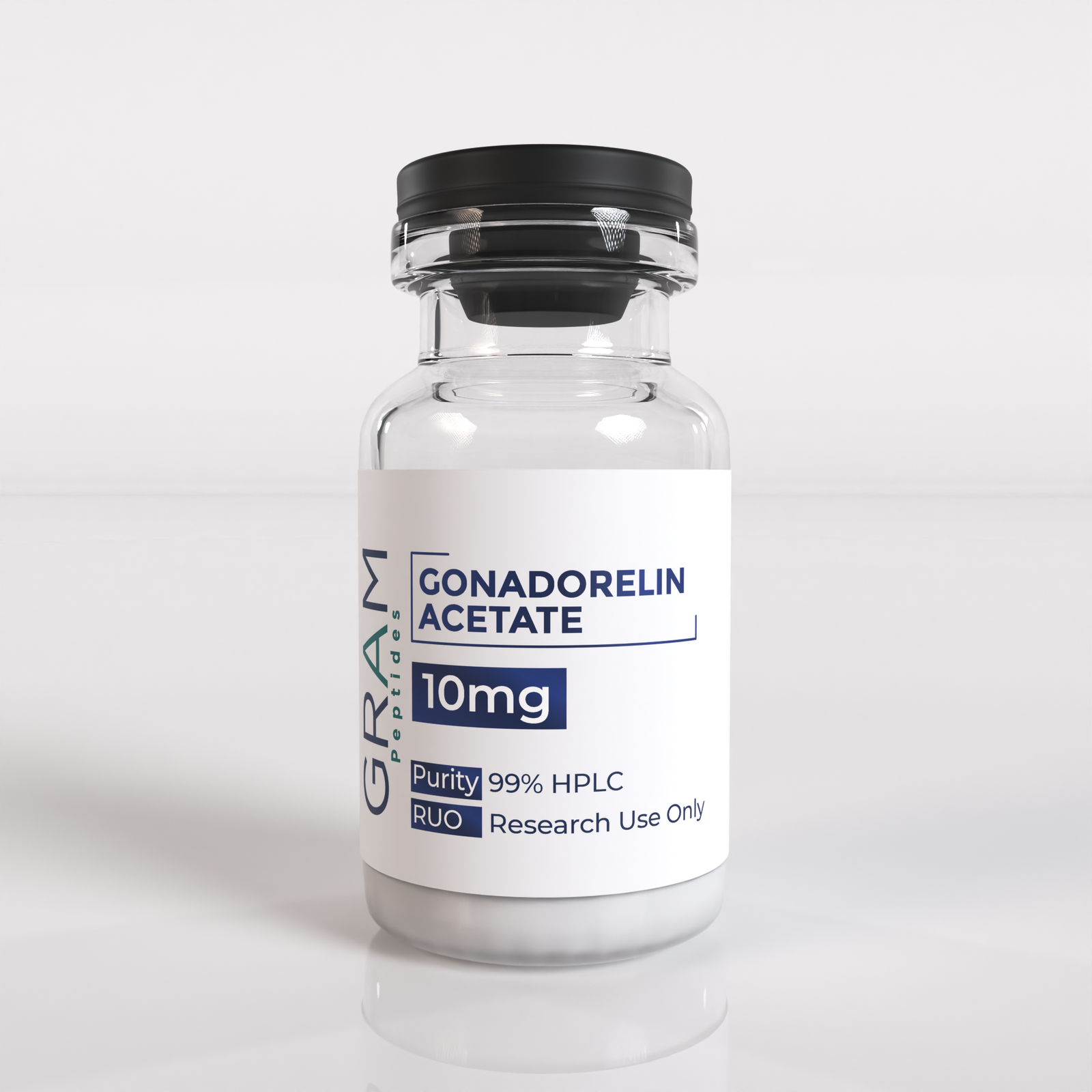 Gonadorelin Acetate 10mg_40x20mm mockup Gonadorelin peptide vial by GRAM Peptides – research peptide for hormonal balance, fertility, and pituitary function studies