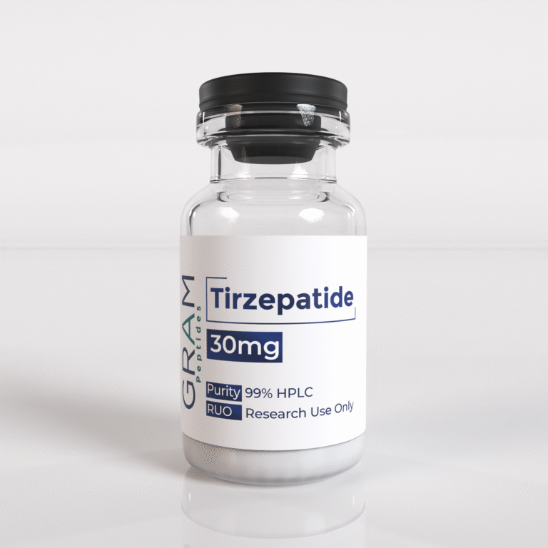 Tirzepatide peptide vial by GRAM Peptides – research peptide for metabolic and weight management studies