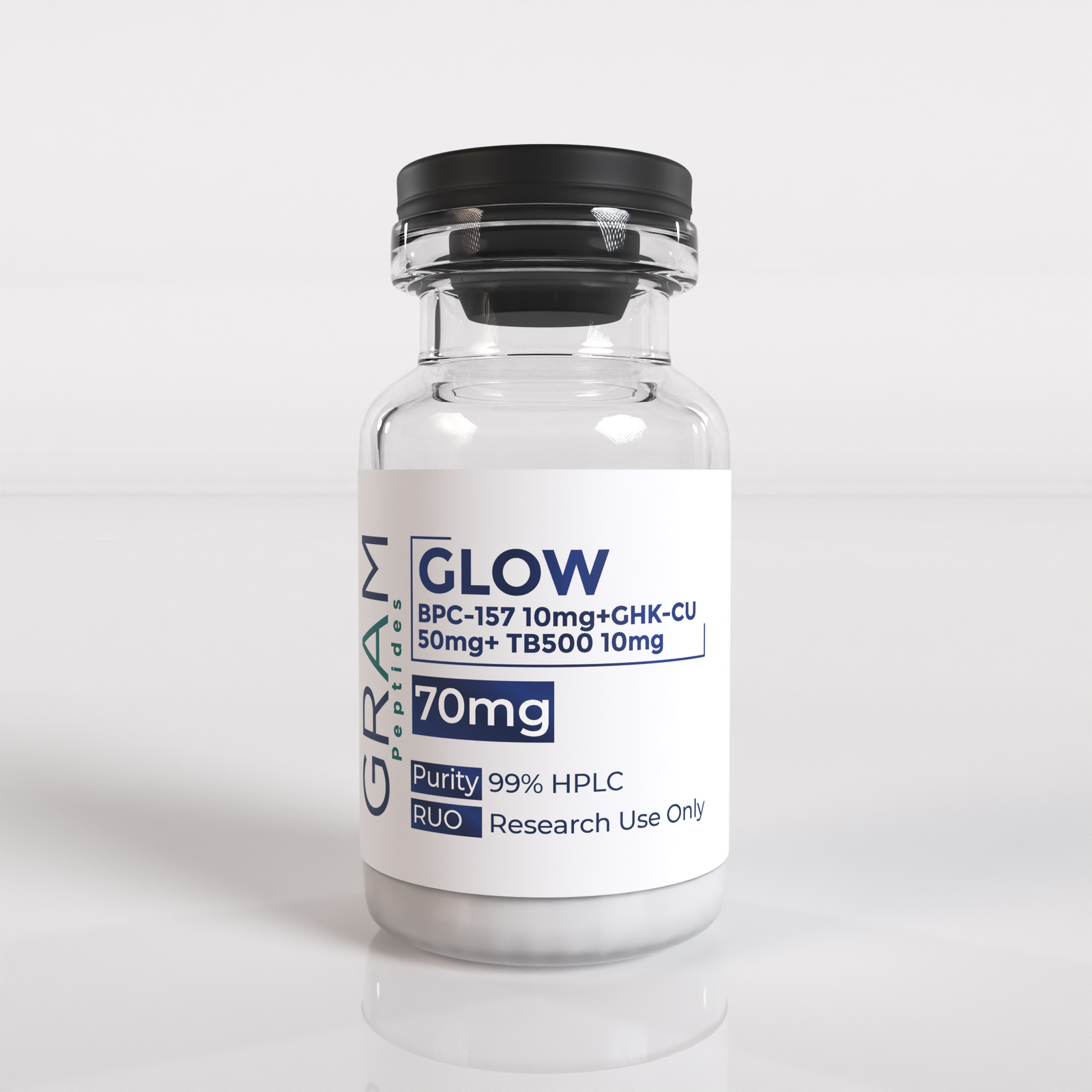 GLOW peptide blend BPC-157 10mg, GHK-Cu 50mg, and TB-500 10mg by GRAM Peptides – research-grade regeneration and recovery formula